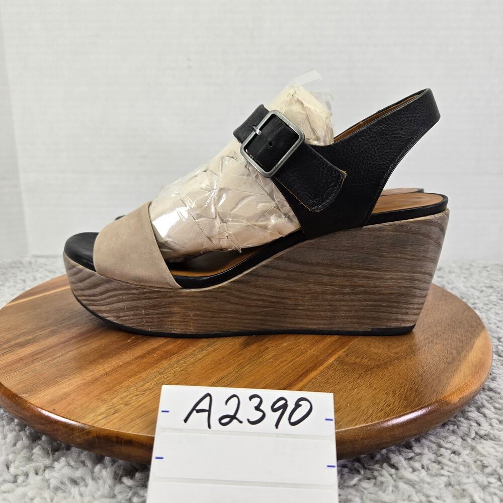 Coclico Womens 39 Wood Wedge Black Taupe Double Ankle Strap Platform Sandals